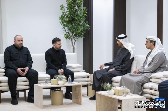 3月28日,阿联酋总统穆罕默德(右二)在阿布扎比会见到访的乌克兰总统泽连斯基(左二)。新华社/阿通社